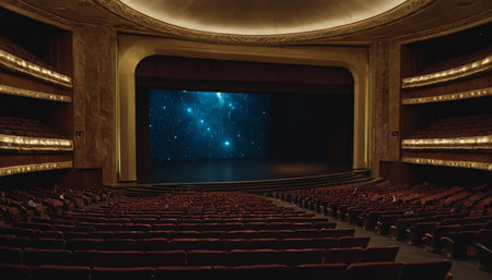 Empty cinema auditorium with seats and a view of the night skyの素材
