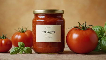 Tomato sauce in a glass jar with fresh tomatoes and basil.の素材