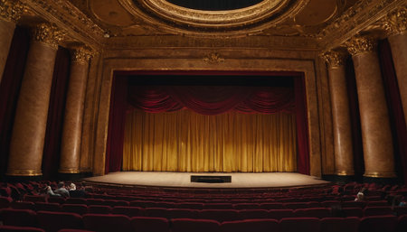 Cinema auditorium with red curtains and seats in a theaterの素材