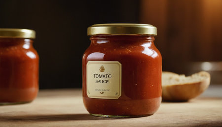Homemade tomato sauce in a glass jar on a wooden board.の素材