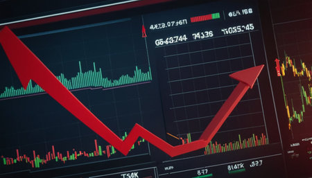 3d rendering of red arrow with stock market chart on dark backgroundの素材