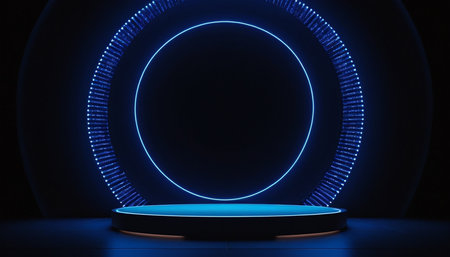 Abstract blue round podium illuminated with neon lights. 3D Renderingの素材