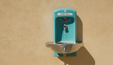 Water fountain on the wall of the house. Sunny day, blue color.の素材
