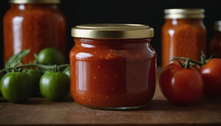 Tomato sauce in a glass jar on a wooden table, selective focusの素材