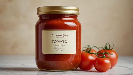Homemade tomato sauce in a glass jar with tomatoes on a light backgroundの素材