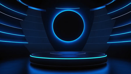 Abstract blue background with round podium illuminated by neon lights. 3d renderの素材