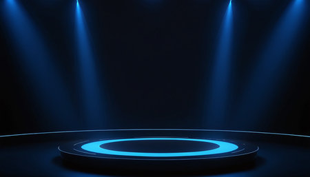 Stage podium with lighting, Stage Podium Scene with for Award Ceremony on blue Background.の素材