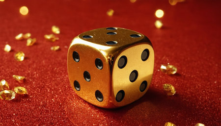 golden dice on red background with golden confetti, gambling conceptの素材