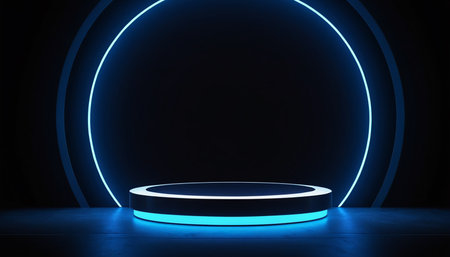 Neon round podium in dark room. Mock up, 3D Renderingの素材