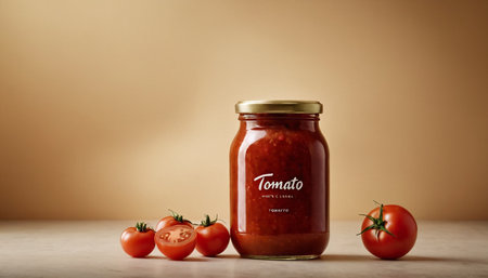Tomato sauce in a glass jar and fresh tomatoes on a wooden tableの素材