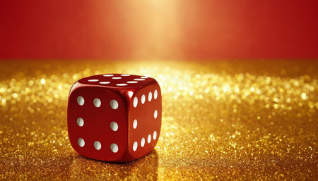 Red dice on a golden background. Casino concept. Gambling backgroundの素材