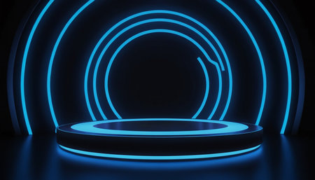 Empty round podium in blue neon light. 3d rendering mock upの素材