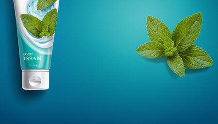 Mint cream with mint leaves on blue background. Vector illustration.の素材