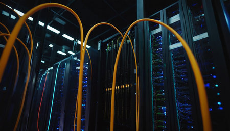 network server room with racks and rows of bright yellow and blue cablesの素材