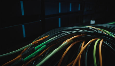 Fiber Optic cables connected to an optic ports in data centerの素材