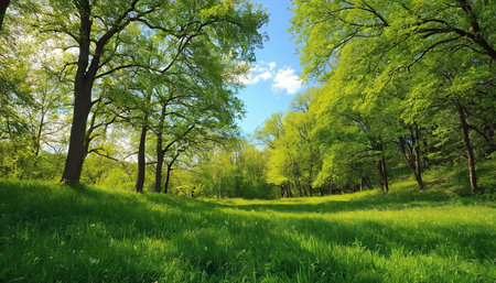 Beautiful spring landscape in the forest with green grass and blue skyの素材