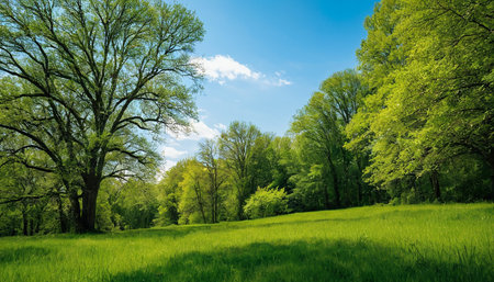 Spring landscape with green meadow and oak trees in the forest.の素材