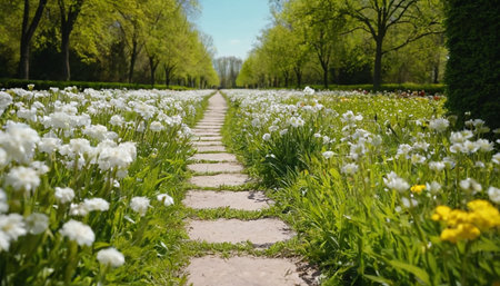 Walkway in the park with white flowers and green grass in springの素材