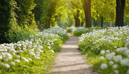 Path in the park with white flowers in the sunlight. Beautiful spring landscape.の素材