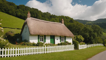 A cottage in the English countryside with a white picket fence.の素材