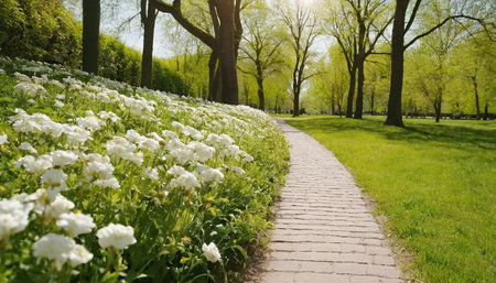 Pathway in the park with white flowers in the spring season.の素材