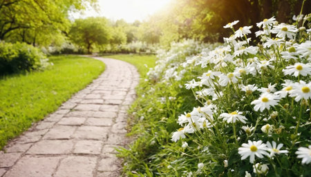 White daisies in the park. Beautiful summer landscape with a pathの素材