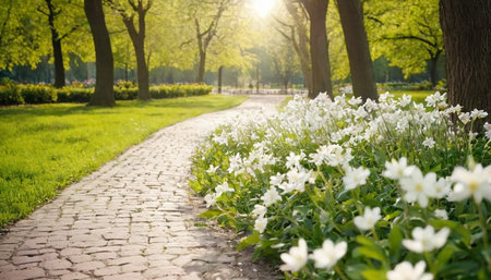 Spring flowers in the park. Beautiful spring landscape with blooming flowersの素材