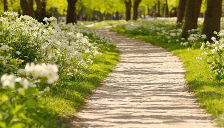 Pathway in the park with white flowers and green grass. Spring landscape.の素材