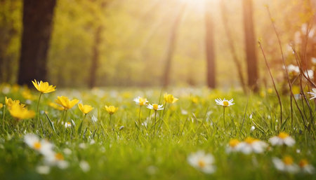 Spring meadow with daisies and sun rays. Nature backgroundの素材