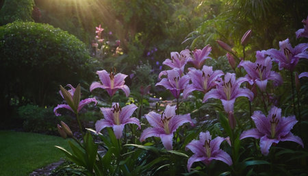 Lily flowers blooming in the garden in the morning light.の素材