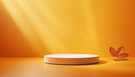 3d render of podium on orange background with autumn leaf. Minimal product display concept.の素材