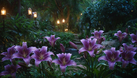 Purple lily flowers in the garden with lanterns in the backgroundの素材
