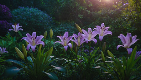 Lily flowers blooming in the garden in the morning light.の素材