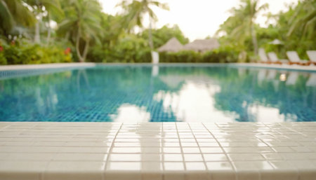 Swimming pool with white tile floor and palm trees blurred background.の素材