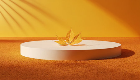 3d render of white podium with yellow leaves on the orange backgroundの素材