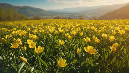 Field of yellow tulips on the background of mountains and blue skyの素材
