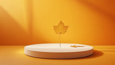 3d render of golden maple leaf on white podium in orange roomの素材