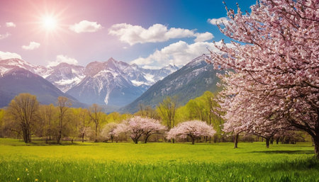 Beautiful spring landscape with blooming trees and mountains in the backgroundの素材