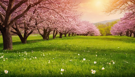 Spring landscape with blooming cherry trees in the park at sunset.の素材