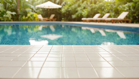 White tile floor beside swimming pool with sun light and bokehの素材