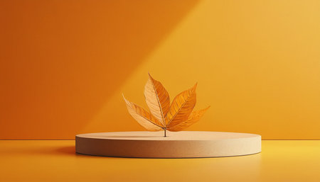 3d render of podium for product display with autumn leaf on orange backgroundの素材