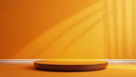 Product display podium in orange room with shadows from the window. 3D renderingの素材