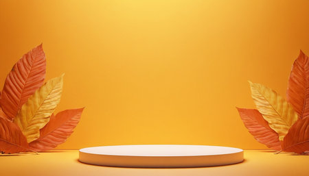 Abstract scene podium mockup with autumn leaves on orange background. 3d renderの素材