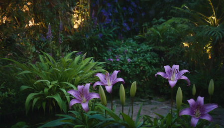 Lily flowers in the garden at night. Beautiful purple flowers in the garden.の素材