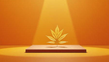 Golden leaf on the podium. 3D rendering. Orange background.の素材
