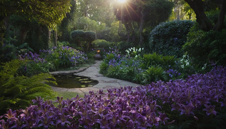 Beautiful garden in the evening with sun rays and lens flare.の素材