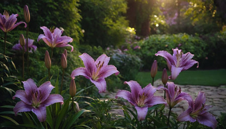 Purple lily flowers in the garden at sunset. Beautiful nature background.の素材