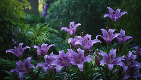 Purple lily flowers in the garden. Selective focus.の素材