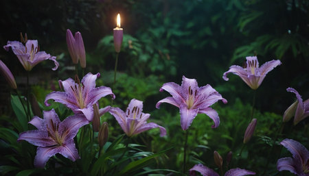 Purple lilies in the garden with a lit candle in the middle.の素材