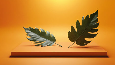 Tropical leaves on orange background. 3d render illustration.の素材